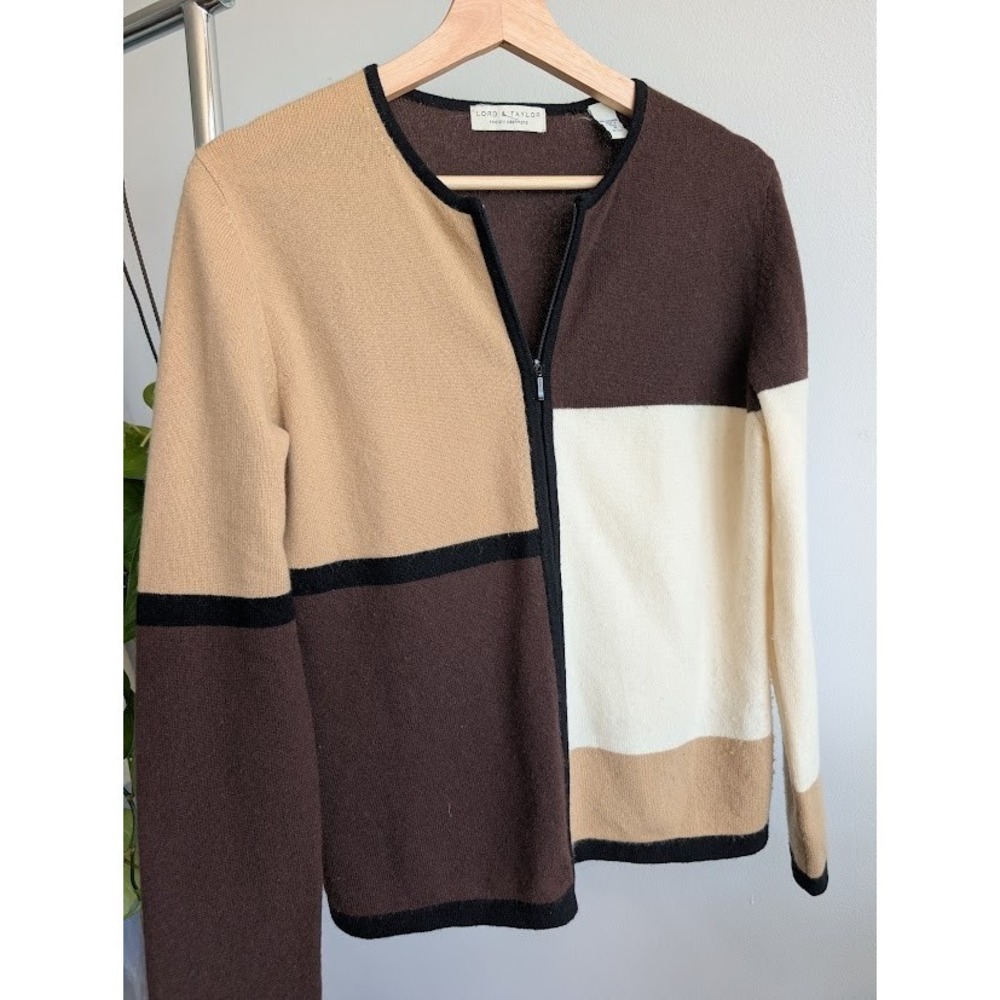 Vintage Y2K Cashmere Cardigan M Full Zip Knit Sweater Lord & Taylor Brown Preppy
